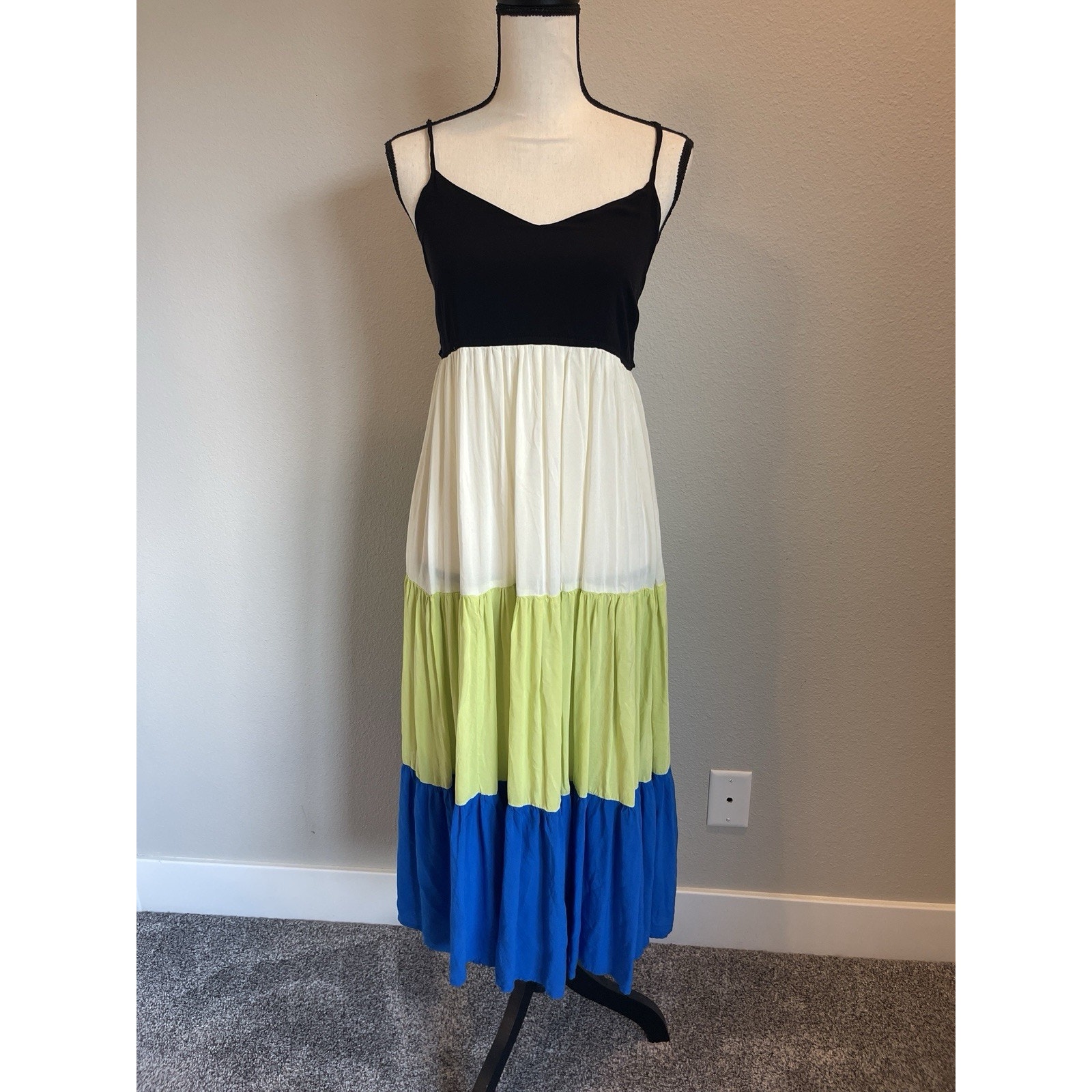 Kate Spade Tiered Maxi Sun Dress Size Small Colorblock Multi Black Blue Green
